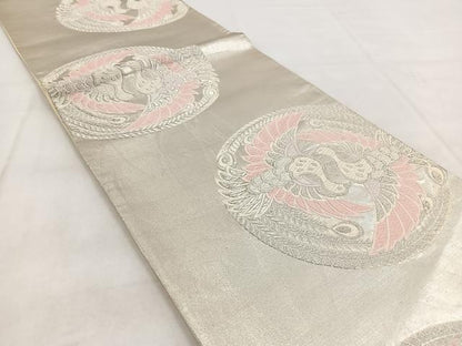 平和屋着物◎六通柄袋帯 唐織 孔雀丸文 銀糸 正絹 逸品 BAAW8860yc