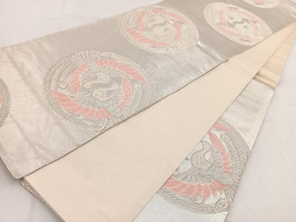 平和屋着物◎六通柄袋帯 唐織 孔雀丸文 銀糸 正絹 逸品 BAAW8860yc