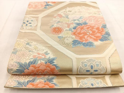 平和屋着物◎六通柄袋帯 唐織 蜀江花文 銀糸 正絹 逸品 BAAW8864yc