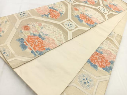 平和屋着物◎六通柄袋帯 唐織 蜀江花文 銀糸 正絹 逸品 BAAW8864yc