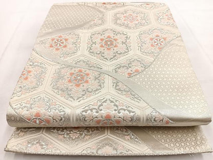 平和屋着物◎六通柄袋帯　亀甲正倉院花文　銀糸　正絹　逸品　BAAW8867yc