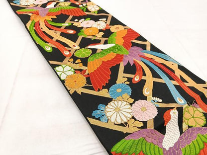 平和屋着物◎六通柄袋帯 唐織 鳳凰花文 黒地 金糸 正絹 逸品 BAAW8874yc