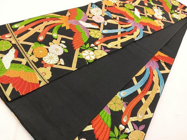 平和屋着物◎六通柄袋帯 唐織 鳳凰花文 黒地 金糸 正絹 逸品 BAAW8874yc