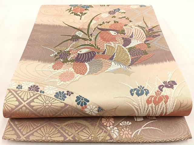 平和屋着物■極上　夏物　六通柄袋帯　唐織　鴛鴦　金糸　逸品　DZAA6727kh5 平和屋着物□極上 六通柄 本袋帯 唐織 花鳥文 金糸 薄雲鼠色地 高島屋