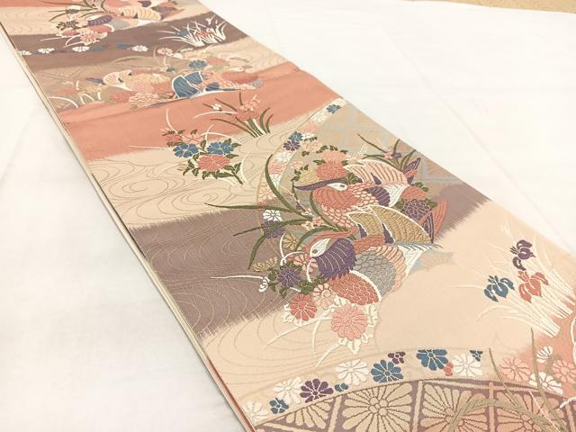 平和屋着物◎六通柄袋帯 唐織 鴛鴦籬花文 金糸 正絹 逸品 BAAW8877yc