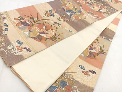 平和屋着物◎六通柄袋帯 唐織 鴛鴦籬花文 金糸 正絹 逸品 BAAW8877yc