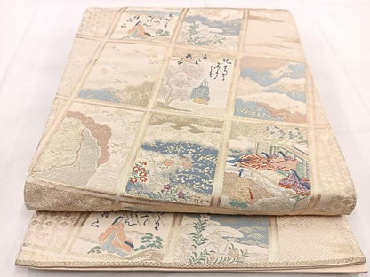 平和屋着物◎六通柄袋帯 唐織 伊勢歌菊寿文 銀糸 正絹 逸品 BAAW8879yc