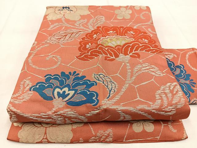 平和屋着物◎アンティーク 大正ロマン 九寸名古屋帯 更紗花文 正絹 逸品 BAAW8893yc