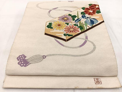 平和屋着物◎八寸名古屋帯 作家物 綴れ 文箱花文 金銀糸 正絹 逸品 BAAW8899yc