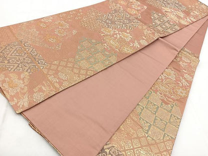 平和屋着物◎六通柄袋帯 色紙重ね更紗花文 金糸 正絹 逸品 BAAW8932yc