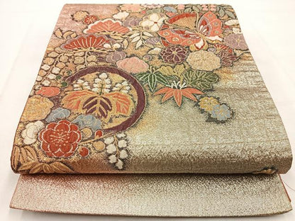 平和屋着物◎西陣　六通柄袋帯　ふくれ織　花蝶文　金銀糸　証紙付き　正絹　逸品　BAAW8934yc