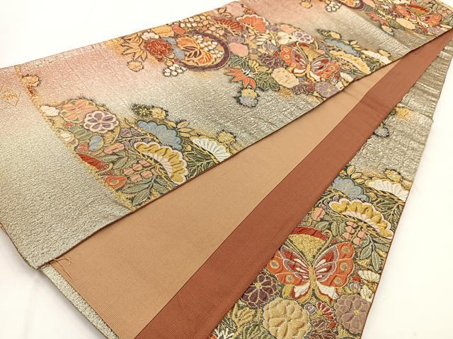 平和屋着物◎西陣　六通柄袋帯　ふくれ織　花蝶文　金銀糸　証紙付き　正絹　逸品　BAAW8934yc