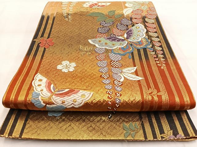 平和屋着物◎六通柄袋帯 唐織 花蝶文 金銀糸 正絹 逸品 BAAW8938yc