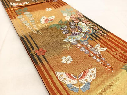 平和屋着物◎六通柄袋帯 唐織 花蝶文 金銀糸 正絹 逸品 BAAW8938yc