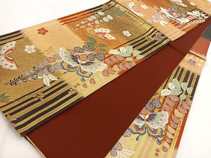 平和屋着物◎六通柄袋帯 唐織 花蝶文 金銀糸 正絹 逸品 BAAW8938yc