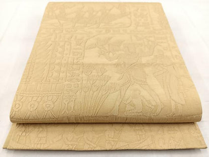 平和屋着物◎全通柄袋帯 ふくれ織 エジプト壁画文様 蜂蜜色 正絹 逸品 BAAW8950yc