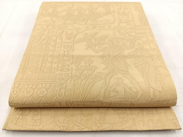 平和屋着物◎全通柄袋帯 ふくれ織 エジプト壁画文様 蜂蜜色 正絹 逸品 BAAW8950yc