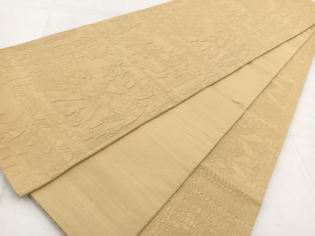 平和屋着物◎全通柄袋帯 ふくれ織 エジプト壁画文様 蜂蜜色 正絹 逸品 BAAW8950yc