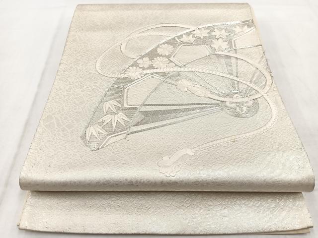 平和屋着物◎太鼓柄袋帯 総刺繍 銀駒刺繍 片輪車花
