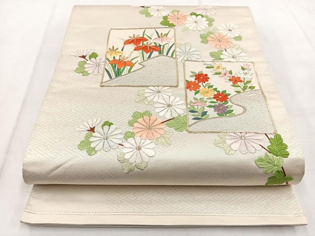 平和屋着物◎太鼓柄袋帯　総刺繍　結び紐文　銀糸　正絹　逸品　DABE3844qp 平和屋着物＊夏物 太鼓柄袋帯 駒刺繍 総刺繍 草葉文 銀糸 正絹 逸品