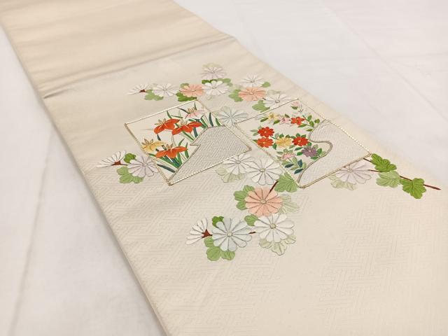 平和屋着物●太鼓柄袋帯　駒刺繍　更紗花文　銀通し地　正絹　逸品　CABD5969hy 平和屋着物○太鼓柄袋帯 駒刺繍 更紗花文 銀通し地 正絹 逸品