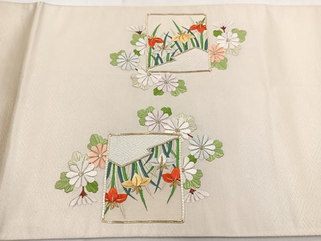 平和屋着物●太鼓柄袋帯　作家物　駒刺繍　変わり間道　銀糸　引箔　正絹　逸品　DABD1547ps 平和屋着物＊夏物 太鼓柄袋帯 駒刺繍 総刺繍 草葉文 銀糸 正絹 逸品
