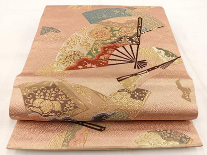 平和屋着物◎両面　六通柄袋帯　唐織　扇面更紗花文　金糸　正絹　逸品　BAAW8959yc