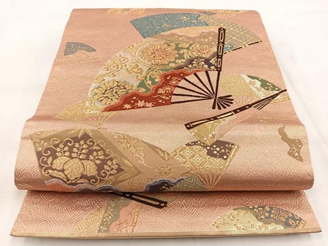 平和屋着物◎両面　六通柄袋帯　唐織　扇面更紗花文　金糸　正絹　逸品　BAAW8959yc