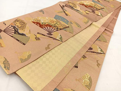 平和屋着物◎両面　六通柄袋帯　唐織　扇面更紗花文　金糸　正絹　逸品　BAAW8959yc