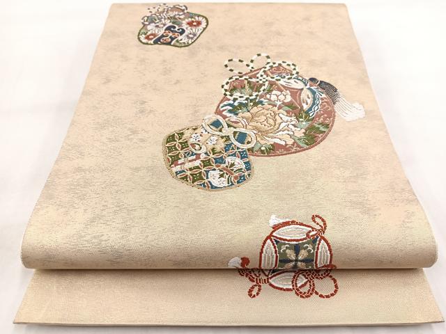 平和屋着物◎六通柄袋帯　唐織　宝尽くし花蝶文　金糸　引箔　正絹　逸品　BAAW8967yc