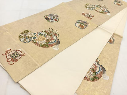 平和屋着物◎六通柄袋帯　唐織　宝尽くし花蝶文　金糸　引箔　正絹　逸品　BAAW8967yc