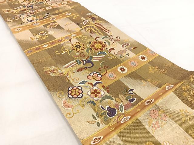 平和屋本店▼六通柄袋帯　唐織　孔雀花文　純金　正絹　逸品　DABE9353sf 平和屋本店▽六通柄袋帯 唐織 孔雀花文 純金 正絹 逸品 DABE9353sfの