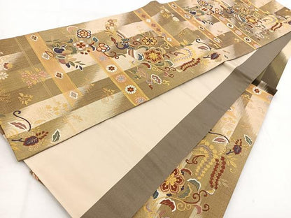 平和屋着物◎六通柄袋帯　唐織　孔雀花文　金糸　正絹　逸品　BAAW8978yc