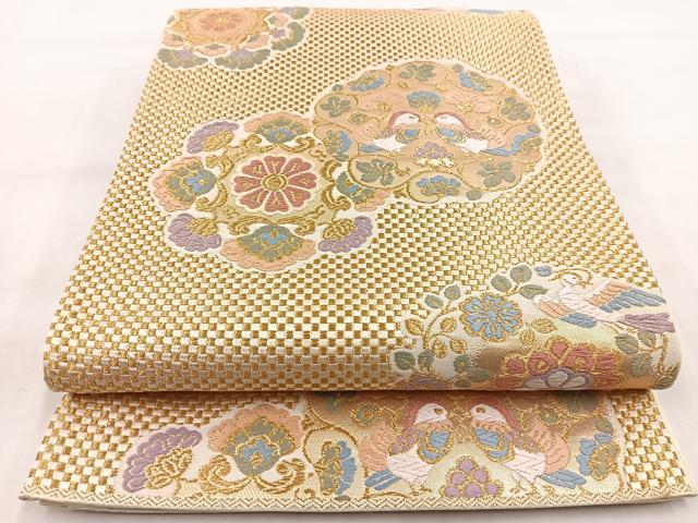 平和屋着物◎六通柄袋帯 唐織 市松彩華織 鴛鴦花文 金糸 正絹 逸品 BAAW8979yc