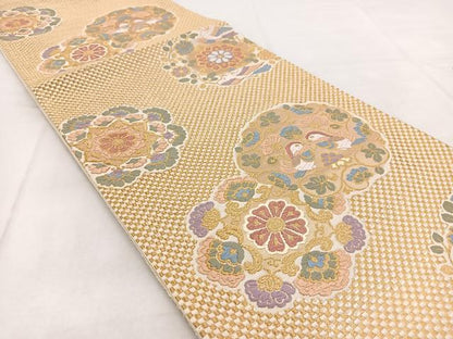 平和屋着物◎六通柄袋帯 唐織 市松彩華織 鴛鴦花文 金糸 正絹 逸品 BAAW8979yc