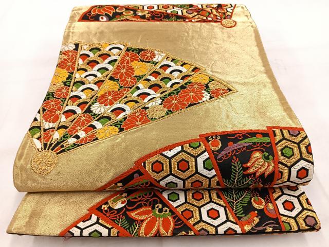 平和屋着物◎六通柄袋帯　唐織　檜扇花文　金糸　正絹　逸品　BAAW8983yc