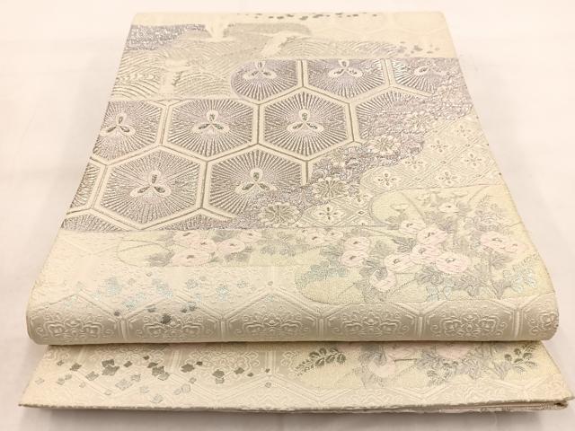 平和屋着物◎六通柄袋帯 唐織 飛鶴横段花文 銀糸 正絹 逸品 BAAW8985yc