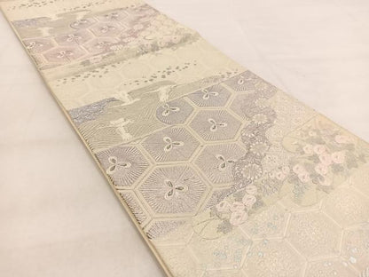 平和屋着物◎六通柄袋帯 唐織 飛鶴横段花文 銀糸 正絹 逸品 BAAW8985yc