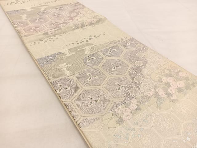 平和屋着物◎六通柄袋帯 唐織 飛鶴横段花文 銀糸 正絹 逸品 BAAW8985yc