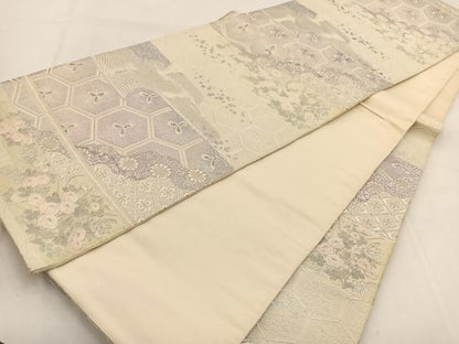 平和屋着物◎六通柄袋帯 唐織 飛鶴横段花文 銀糸 正絹 逸品 BAAW8985yc