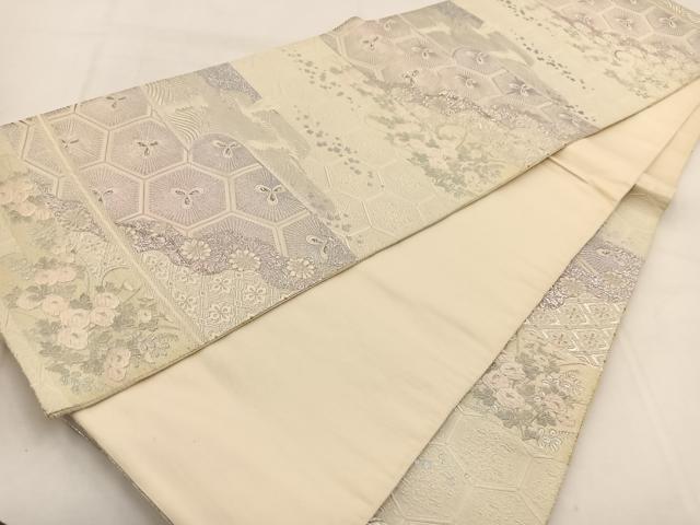平和屋着物◎六通柄袋帯 唐織 飛鶴横段花文 銀糸 正絹 逸品 BAAW8985yc