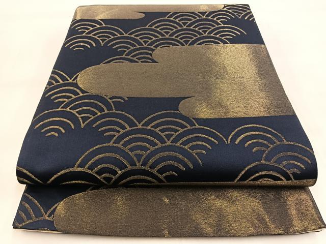 平和屋着物◎両面 全通柄袋帯 エ霞青海波文 金糸 正絹 逸品 BAAW8987yc