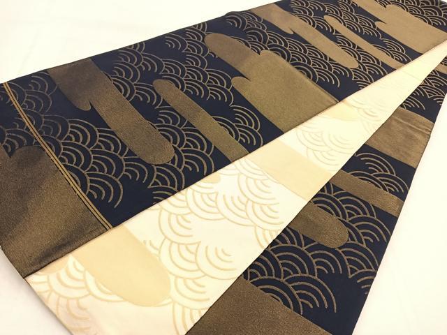 平和屋着物◎両面 全通柄袋帯 エ霞青海波文 金糸 正絹 逸品 BAAW8987yc