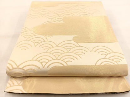 平和屋着物◎両面 全通柄袋帯 エ霞青海波文 金糸 正絹 逸品 BAAW8987yc