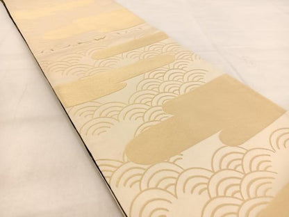 平和屋着物◎両面 全通柄袋帯 エ霞青海波文 金糸 正絹 逸品 BAAW8987yc