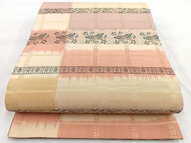 平和屋着物◎両面　全通柄袋帯　横段花蝶文　金糸　正絹　逸品　BAAW8988yc