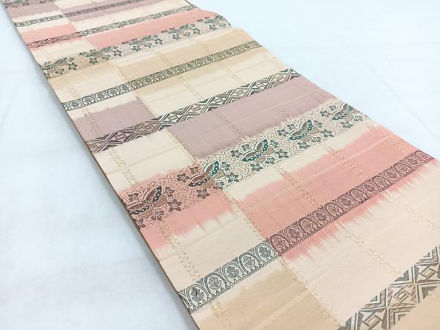 平和屋着物◎両面　全通柄袋帯　横段花蝶文　金糸　正絹　逸品　BAAW8988yc