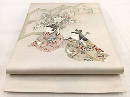 平和屋着物◎太鼓柄袋帯　手描き　人物楽器文　金銀彩　引箔　正絹　逸品　BAAW8989yc