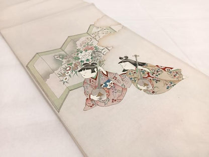 平和屋着物◎太鼓柄袋帯　手描き　人物楽器文　金銀彩　引箔　正絹　逸品　BAAW8989yc