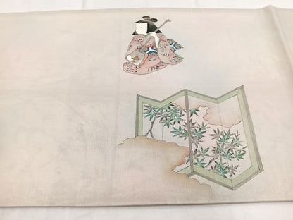 平和屋着物◎太鼓柄袋帯　手描き　人物楽器文　金銀彩　引箔　正絹　逸品　BAAW8989yc
